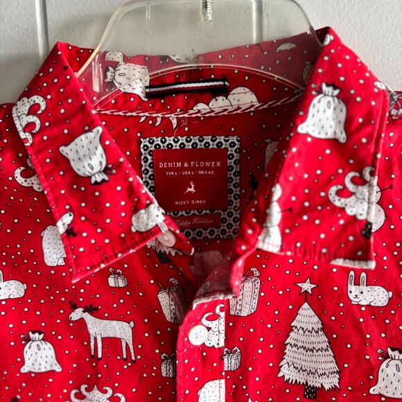 Denim & Flower Ricky Singh Men's Size L Red Festive Holiday Button-Up Shirt # D - Picture 4 of 8